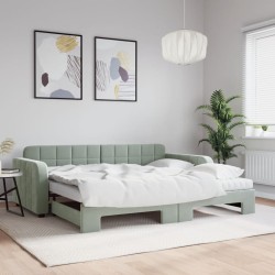 Lit de jour avec gigogne et matelas gris clair 90x190cm velours 
