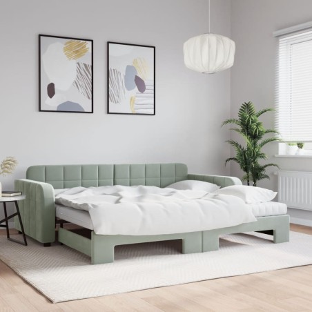 Lit de jour avec gigogne et matelas gris clair 90x190cm velours 
