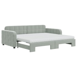 Lit de jour avec gigogne et matelas gris clair 90x190cm velours 