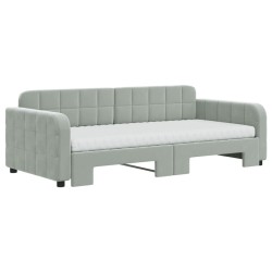 Lit de jour avec gigogne et matelas gris clair 90x190cm velours 