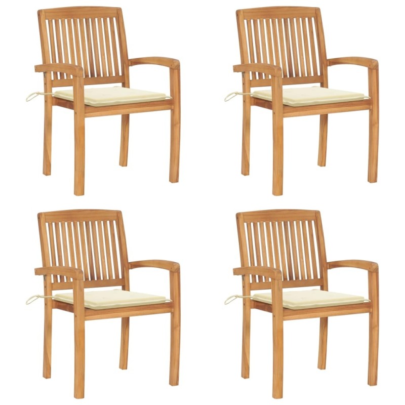 Chaises de jardin empilables avec coussins lot de 4 Teck solide 