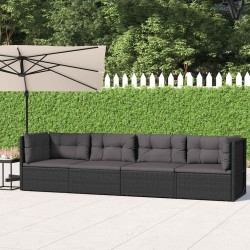 Salon de jardin 4 pcs avec coussins Noir Résine tressée 