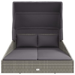 Transat avec toit pliable gris 200x114x128 cm résine tressée 