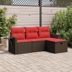 Salon de jardin 4 pcs avec coussins marron résine tressée 
