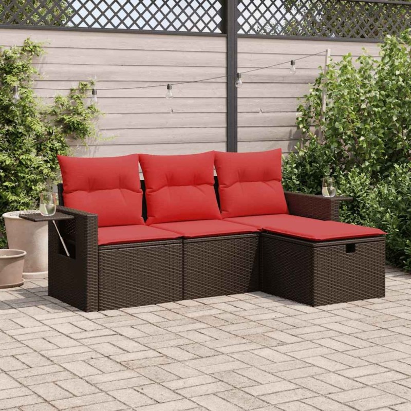 Salon de jardin 4 pcs avec coussins marron résine tressée 