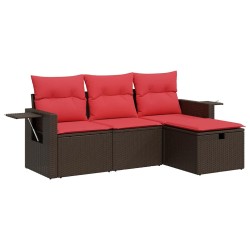 Salon de jardin 4 pcs avec coussins marron résine tressée 