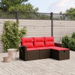 Salon de jardin 4 pcs avec coussins marron résine tressée 