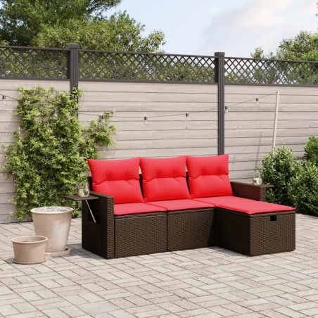 Salon de jardin 4 pcs avec coussins marron résine tressée 