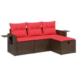 Salon de jardin 4 pcs avec coussins marron résine tressée 