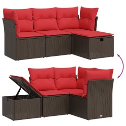 Salon de jardin 4 pcs avec coussins marron résine tressée 