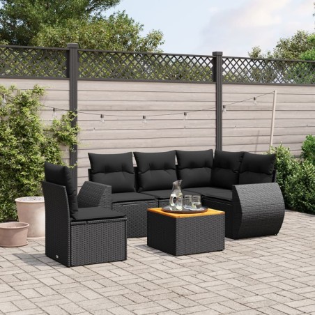 Salon de jardin 6 pcs avec coussins noir résine tressée 