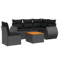 Salon de jardin 6 pcs avec coussins noir résine tressée 