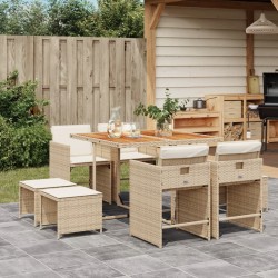 Ensemble à manger de jardin et coussins 9 pcs beige Poly rotin 