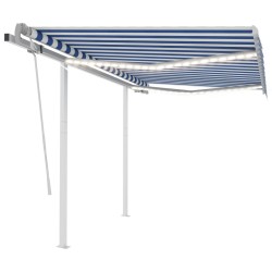 Auvent manuel rétractable avec LED 3,5x2,5 m Bleu et blanc 