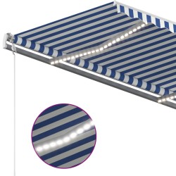 Auvent manuel rétractable avec LED 3,5x2,5 m Bleu et blanc 