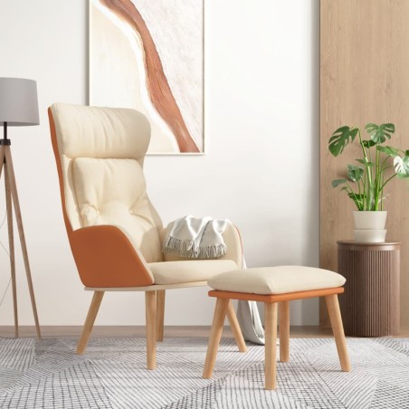 Chaise de relaxation avec repose-pied Crème Similicuir et tissu 