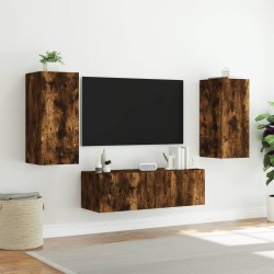Meuble TV muraux 3 pcs avec lumières LED chêne fumé 