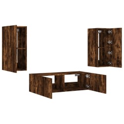 Meuble TV muraux 3 pcs avec lumières LED chêne fumé 