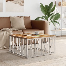 Table basse argenté acier inoxydable/bois massif récupération 