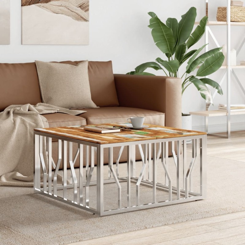 Table basse argenté acier inoxydable/bois massif récupération 