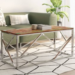 Table basse argenté inox et bois de récupération massif 