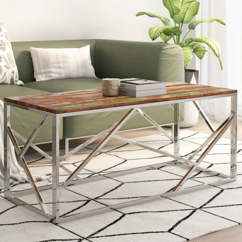 Table basse argenté inox et bois de récupération massif Table basse argenté inox et bois de récupération massif