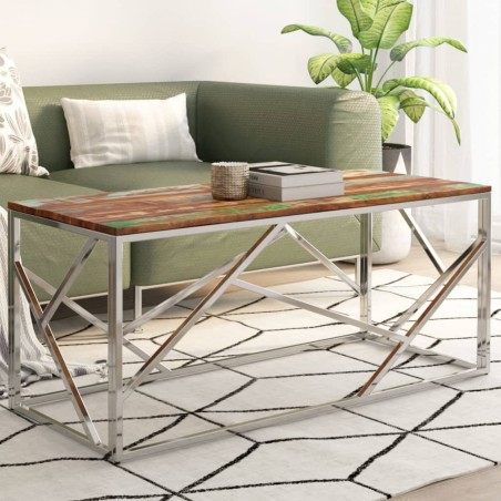 Table basse argenté inox et bois de récupération massif 
